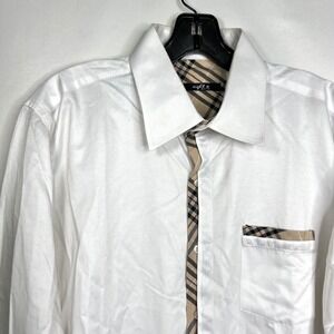 Eight X Elite White Button Down Shirt Mens XL Plaid Trim Long Sleeve Business